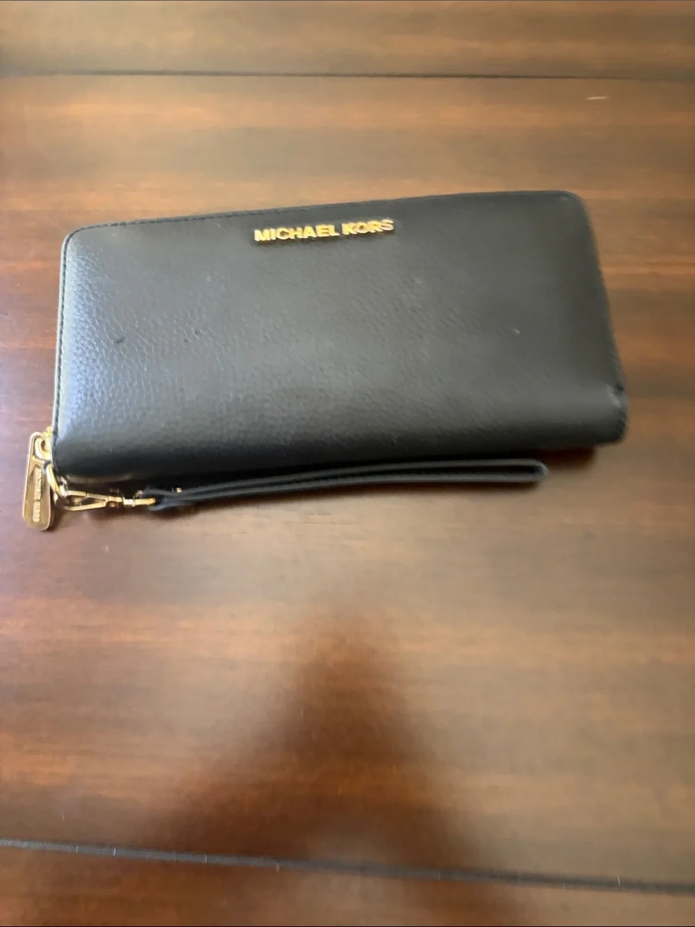Michael Kors Black Pebbled Leather Zip Wristlet Wallet with Gold Hardware